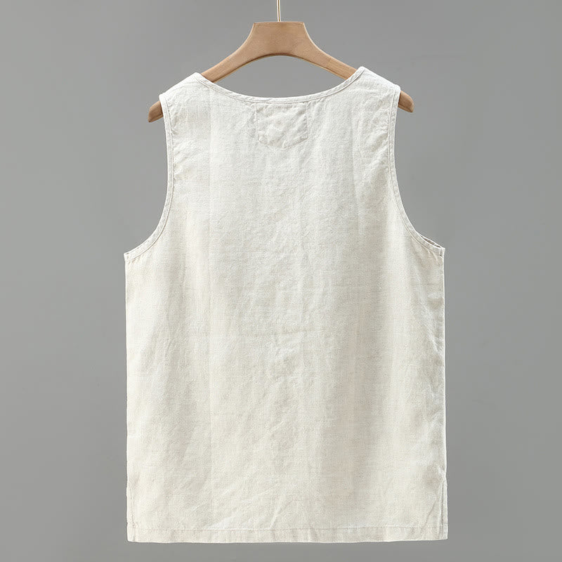 Gilet da uomo in lino senza maniche, estivo, tinta unita, con spacchi laterali, motivo Buddha Stones - image 1