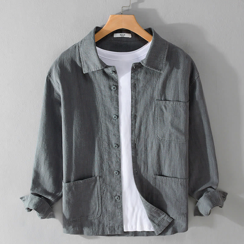 Camicia da uomo in cotone e lino a maniche lunghe con risvolto tinta unita, modello Buddha Stones Commute Fall, con tasca - Grigio ardesia chiaro - US/UK/AU42, EU52 (3XL) - image 8