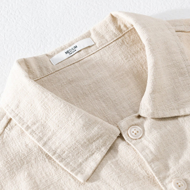 Camicia da uomo in cotone e lino a maniche lunghe con risvolto tinta unita, modello Buddha Stones Commute Fall, con tasca - image 1