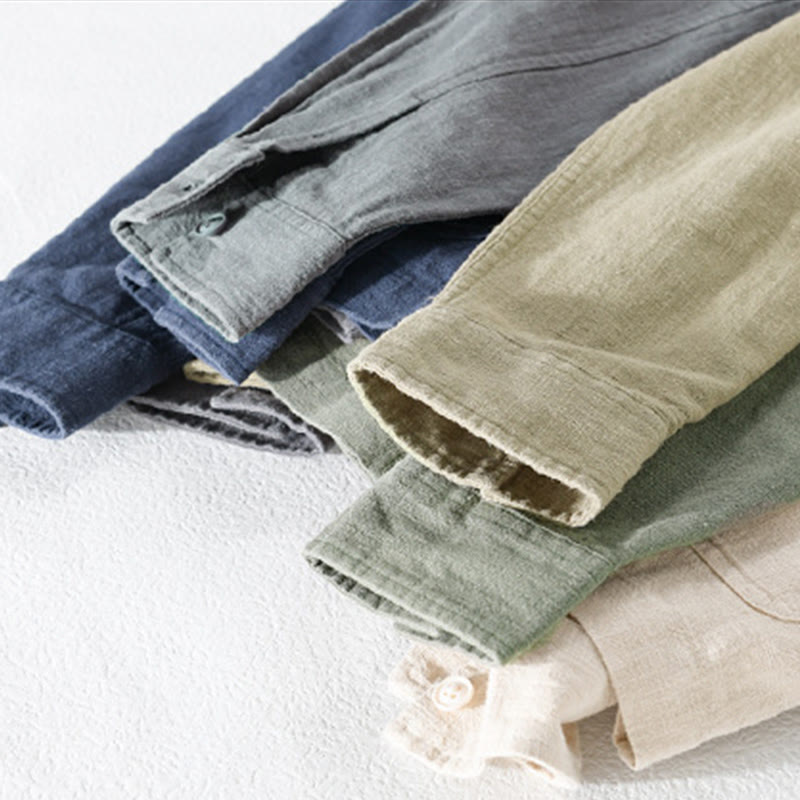 Camicia da uomo in cotone e lino a maniche lunghe con risvolto tinta unita, modello Buddha Stones Commute Fall, con tasca - image 37