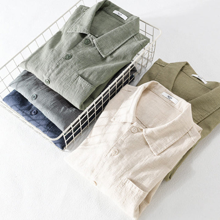 Camicia da uomo in cotone e lino a maniche lunghe con risvolto tinta unita, modello Buddha Stones Commute Fall, con tasca - image 34