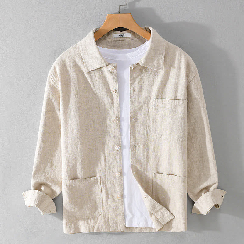 Camicia da uomo in cotone e lino a maniche lunghe con risvolto tinta unita, modello Buddha Stones Commute Fall, con tasca - Beige - US/UK/AU42, EU52 (3XL) - image 0