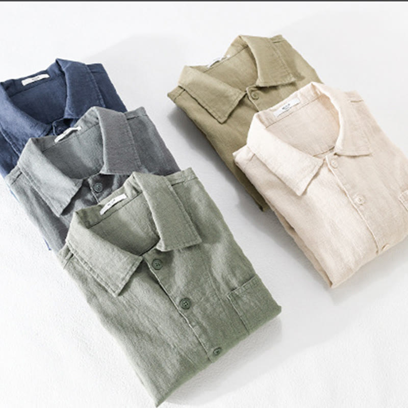 Camicia da uomo in cotone e lino a maniche lunghe con risvolto tinta unita, modello Buddha Stones Commute Fall, con tasca - image 33