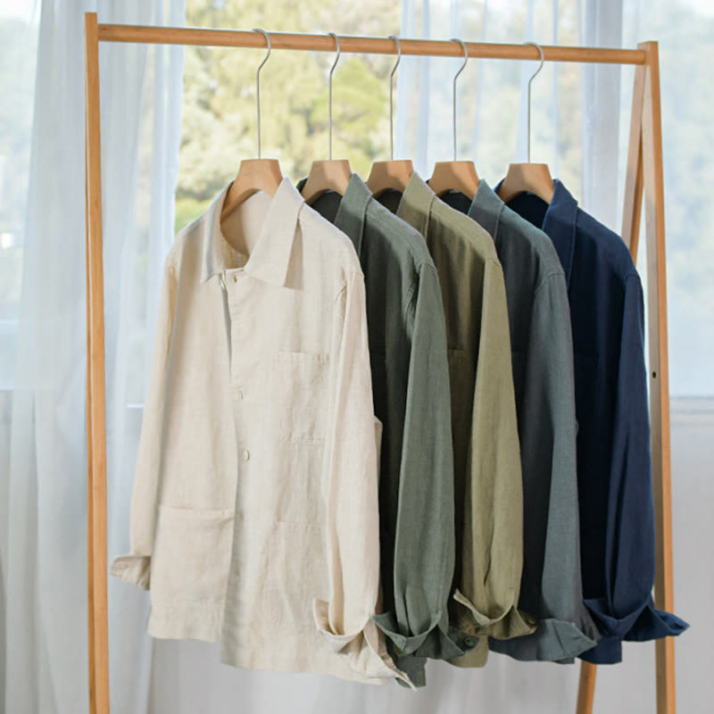 Camicia da uomo in cotone e lino a maniche lunghe con risvolto tinta unita, modello Buddha Stones Commute Fall, con tasca - image 32