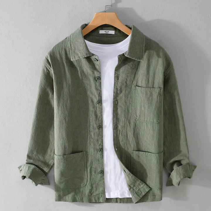 Camicia da uomo in cotone e lino a maniche lunghe con risvolto tinta unita, modello Buddha Stones Commute Fall, con tasca - Verdemare medio - US/UK/AU42, EU52 (3XL) - image 20