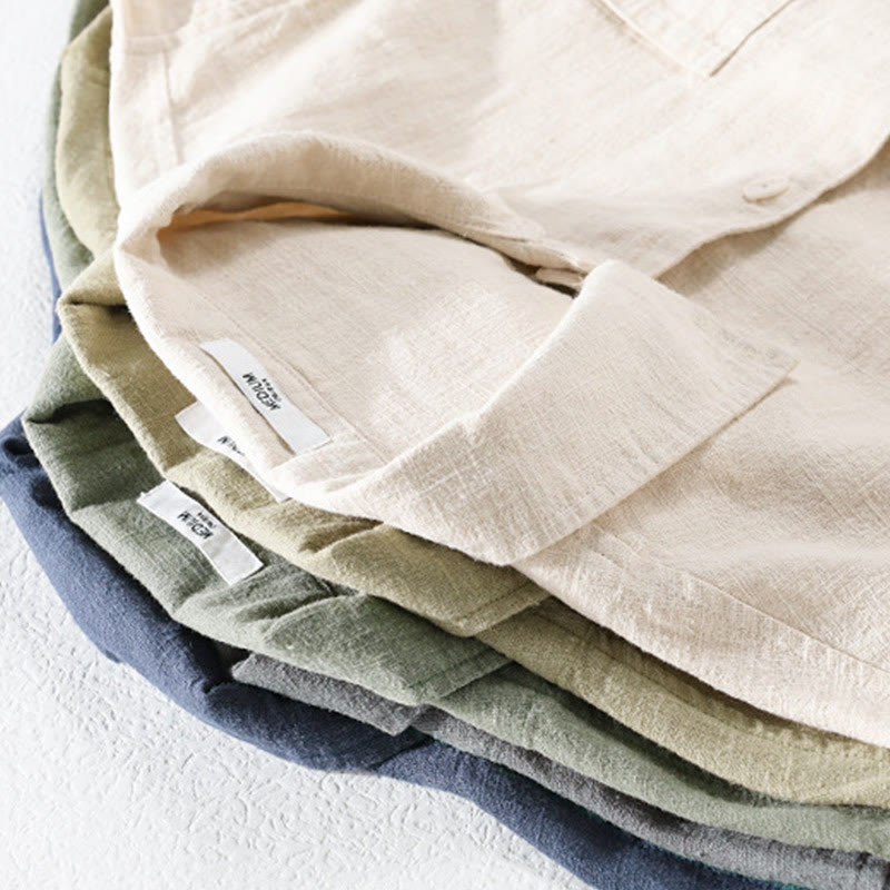 Camicia da uomo in cotone e lino a maniche lunghe con risvolto tinta unita, modello Buddha Stones Commute Fall, con tasca - image 36