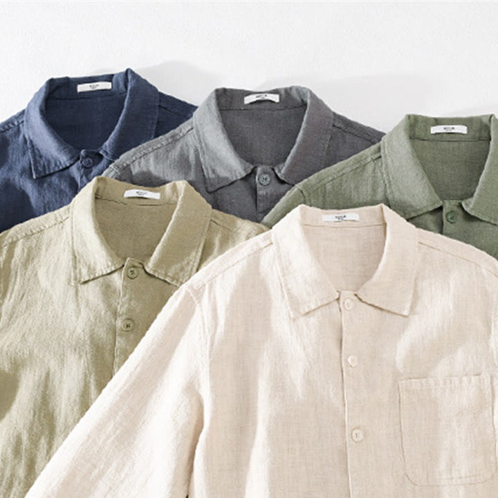 Camicia da uomo in cotone e lino a maniche lunghe con risvolto tinta unita, modello Buddha Stones Commute Fall, con tasca - image 35