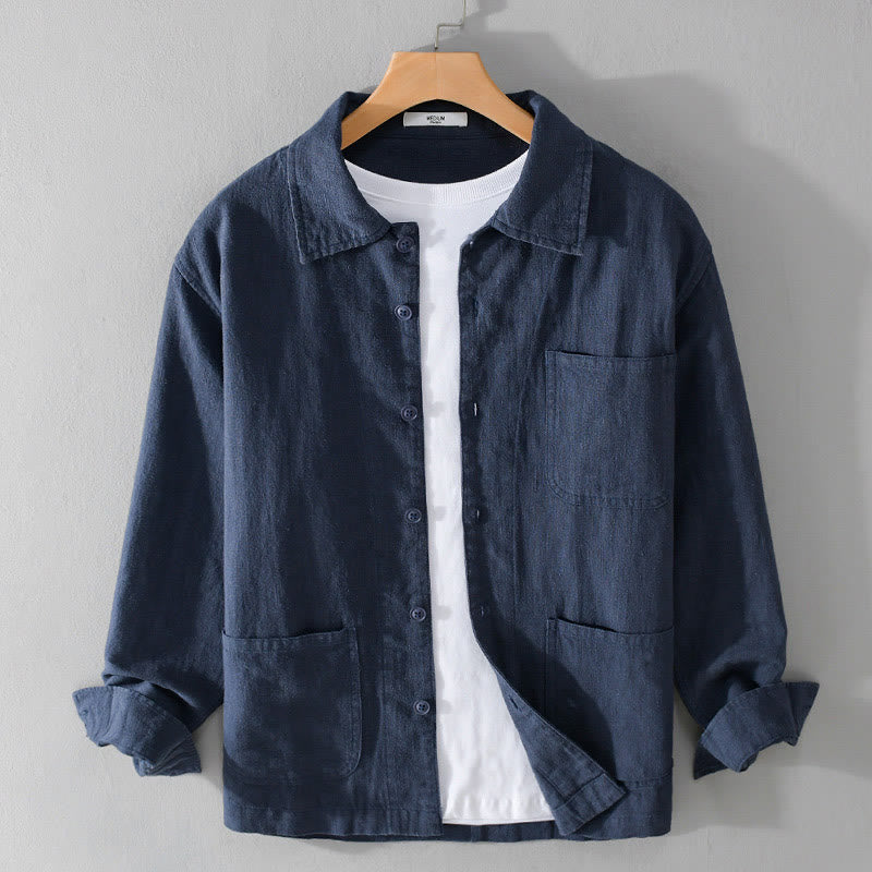 Camicia da uomo in cotone e lino a maniche lunghe con risvolto tinta unita, modello Buddha Stones Commute Fall, con tasca - Blu notte - US/UK/AU42, EU52 (3XL) - image 14