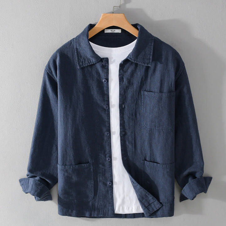 Camicia da uomo in cotone e lino a maniche lunghe con risvolto tinta unita, modello Buddha Stones Commute Fall, con tasca - Blu notte - US/UK/AU42, EU52 (3XL) - image 14