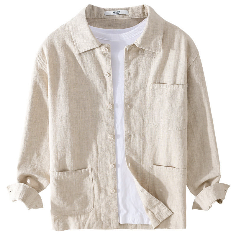 Camicia da uomo in cotone e lino a maniche lunghe con risvolto tinta unita, modello Buddha Stones Commute Fall, con tasca - image 7