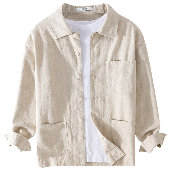 Camicia da uomo in cotone e lino a maniche lunghe con risvolto tinta unita, modello Buddha Stones Commute Fall, con tasca - image 7