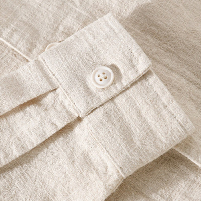 Camicia da uomo in cotone e lino a maniche lunghe con risvolto tinta unita, modello Buddha Stones Commute Fall, con tasca - image 3