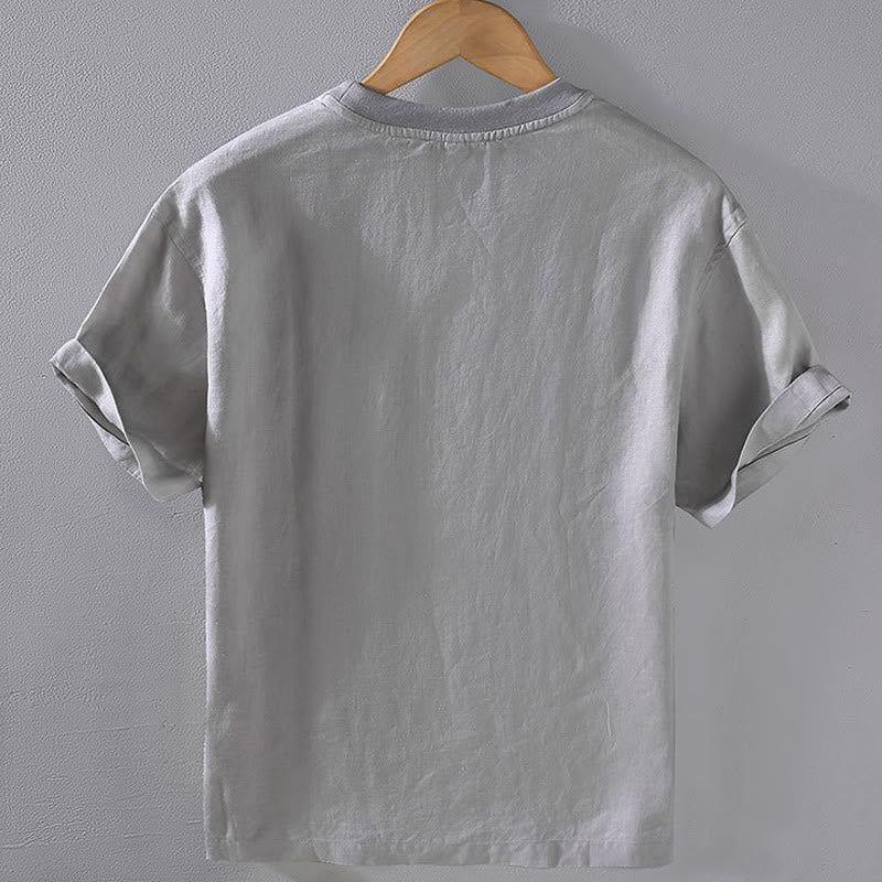 Camicia da uomo in lino a maniche corte con scollo rotondo e design semplice con taschino Buddha Stones - image 1