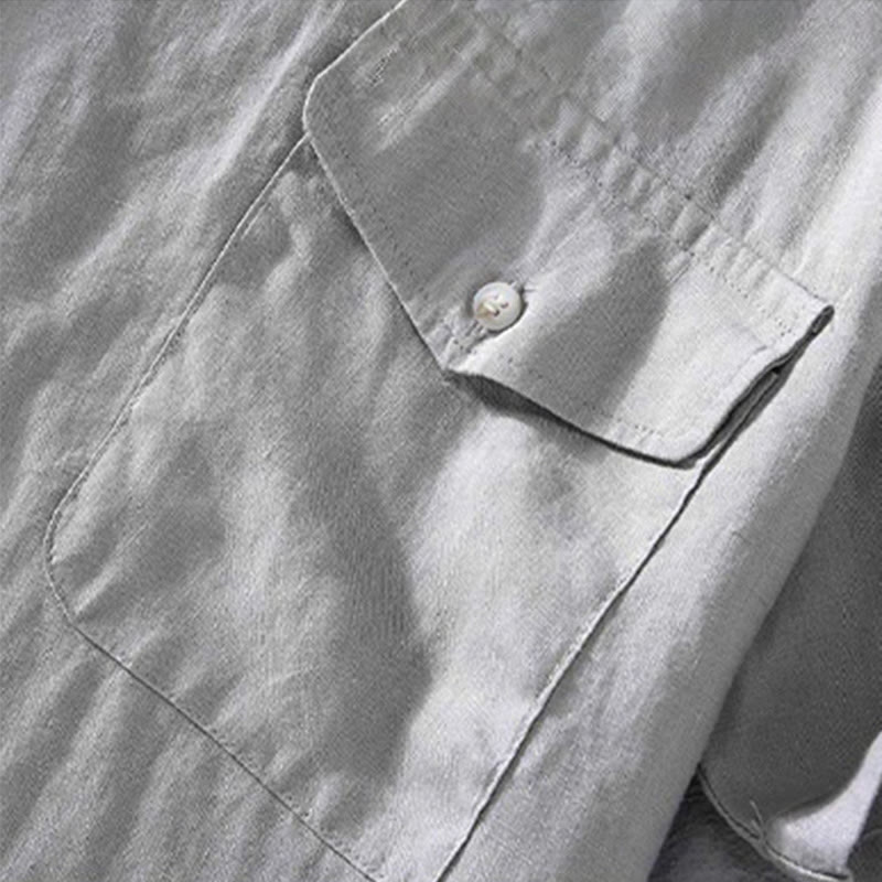 Camicia da uomo in lino a maniche corte con scollo rotondo e design semplice con taschino Buddha Stones - image 5