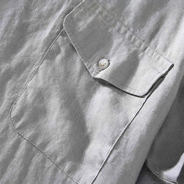 Camicia da uomo in lino a maniche corte con scollo rotondo e design semplice con taschino Buddha Stones - image 5