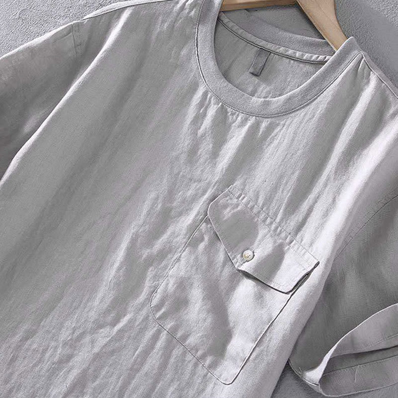 Camicia da uomo in lino a maniche corte con scollo rotondo e design semplice con taschino Buddha Stones - image 4