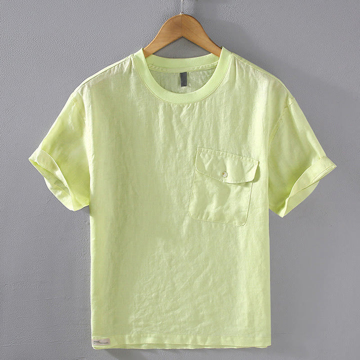 Camicia da uomo in lino a maniche corte con scollo rotondo e design semplice con taschino Buddha Stones - Verde Giallo - US/UK/AU42, EU52 (3XL) - image 10