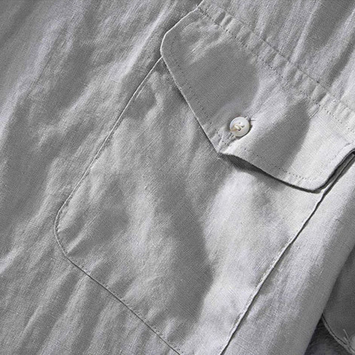 Camicia da uomo in lino a maniche corte con scollo rotondo e design semplice con taschino Buddha Stones - image 9