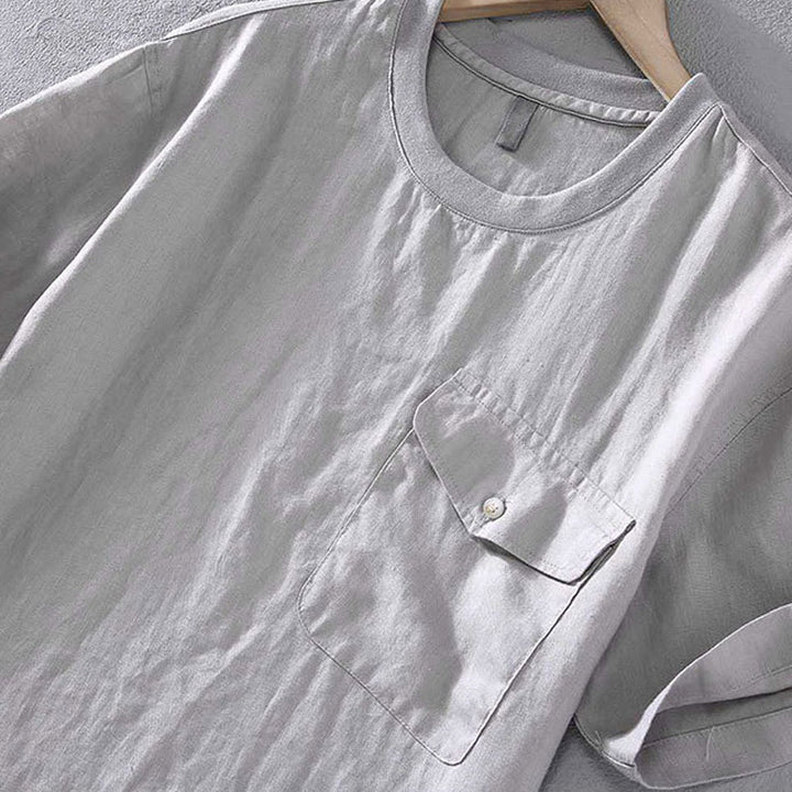 Camicia da uomo in lino a maniche corte con scollo rotondo e design semplice con taschino Buddha Stones - image 4