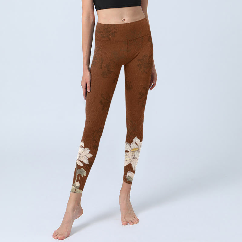 Leggings da palestra con stampa di fiori di loto bianchi e marroni, pantaloni da yoga da donna , Buddha Stones - image 6