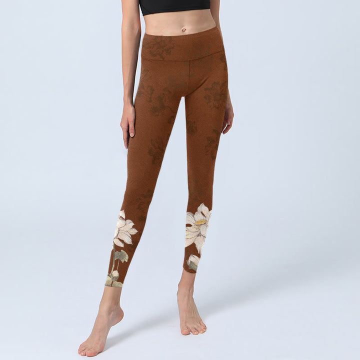 Leggings da palestra con stampa di fiori di loto bianchi e marroni, pantaloni da yoga da donna , Buddha Stones - image 6