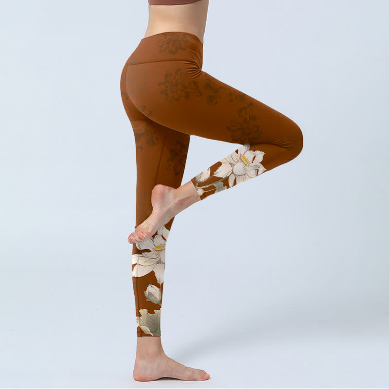 Leggings da palestra con stampa di fiori di loto bianchi e marroni, pantaloni da yoga da donna , Buddha Stones - image 3