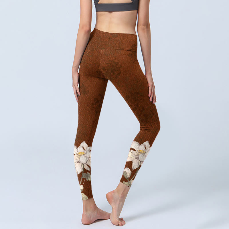 Leggings da palestra con stampa di fiori di loto bianchi e marroni, pantaloni da yoga da donna , Buddha Stones - image 5