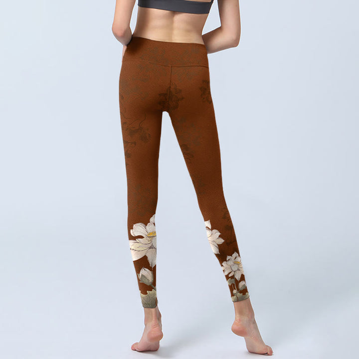 Leggings da palestra con stampa di fiori di loto bianchi e marroni, pantaloni da yoga da donna , Buddha Stones - image 7