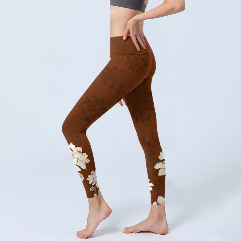 Leggings da palestra con stampa di fiori di loto bianchi e marroni, pantaloni da yoga da donna , Buddha Stones - image 3