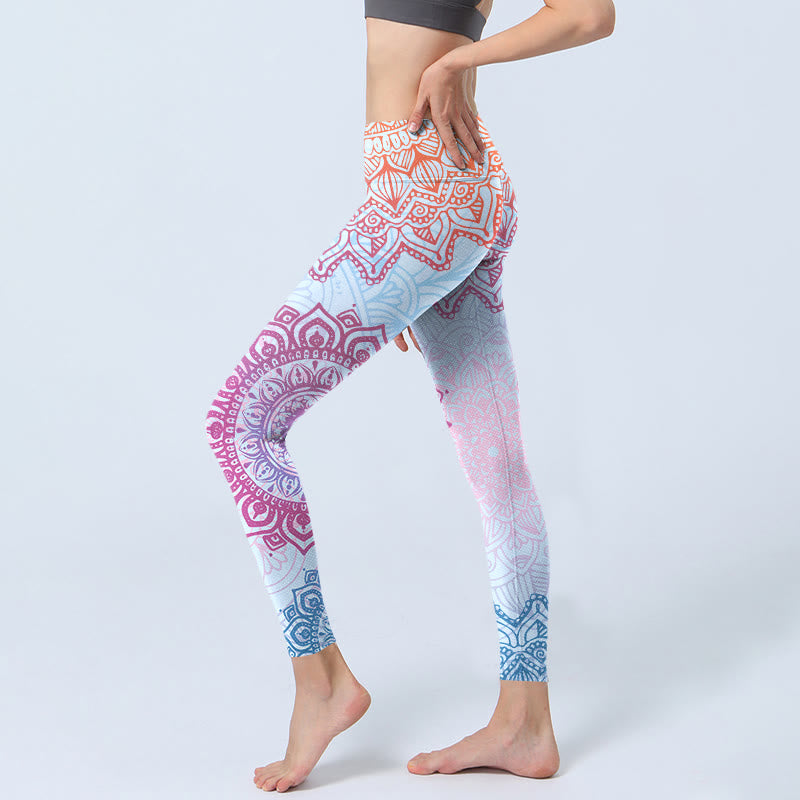 Leggings da palestra con stampa di fiori mandala rosa e blu Buddha Stones, pantaloni da yoga da donna - image 2