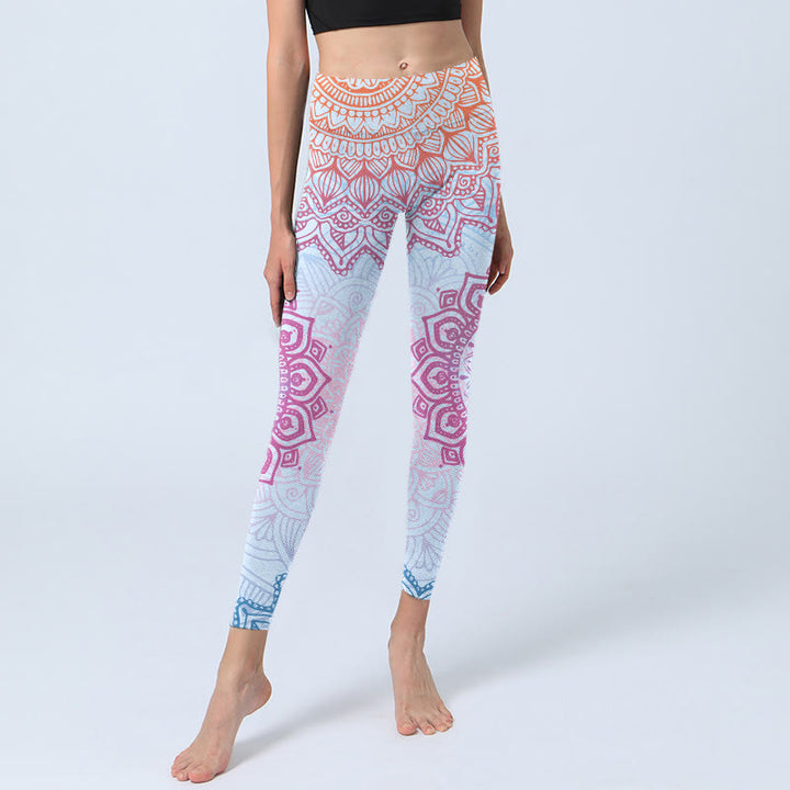 Leggings da palestra con stampa di fiori mandala rosa e blu Buddha Stones, pantaloni da yoga da donna - image 6