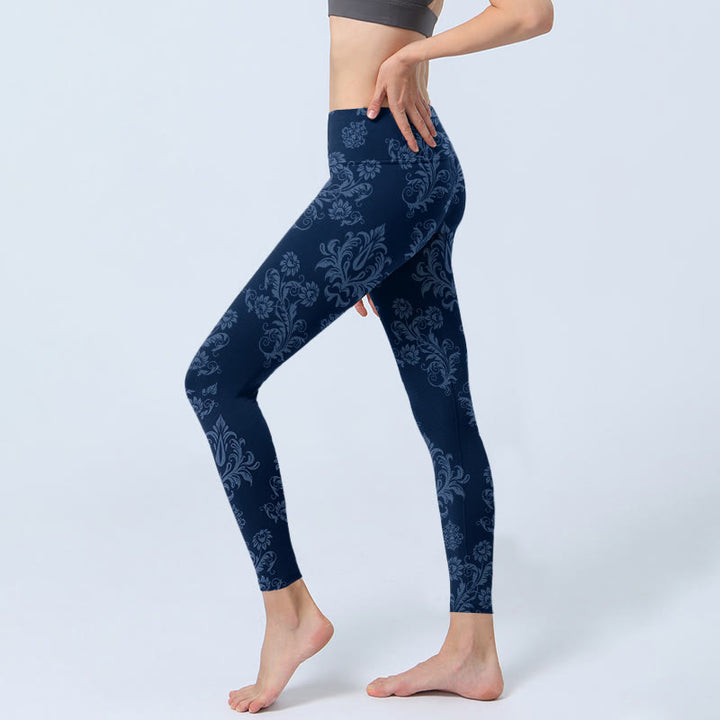 Leggings da palestra con stampa floreale e foglie blu Buddha Stones, pantaloni da yoga da donna - image 3