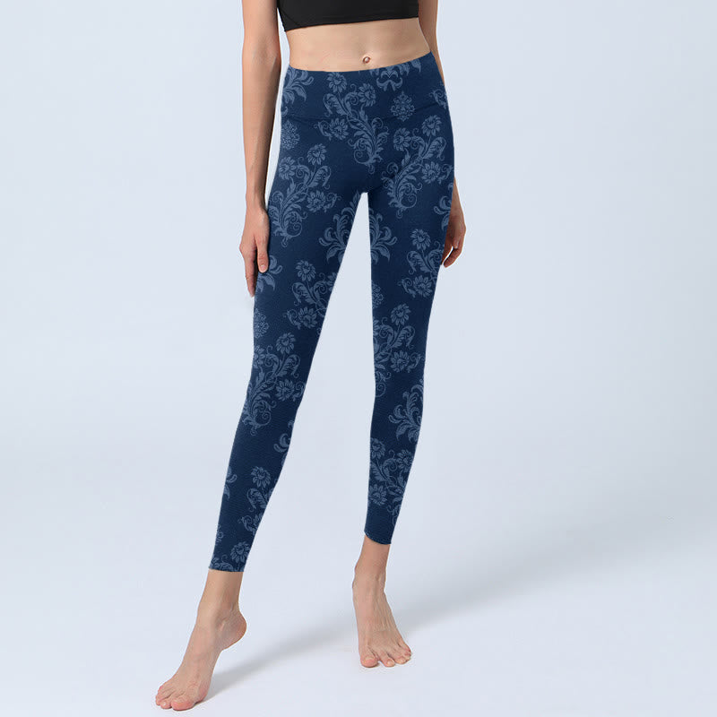 Leggings da palestra con stampa floreale e foglie blu Buddha Stones, pantaloni da yoga da donna - image 5