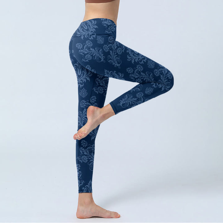 Leggings da palestra con stampa floreale e foglie blu Buddha Stones, pantaloni da yoga da donna - image 3