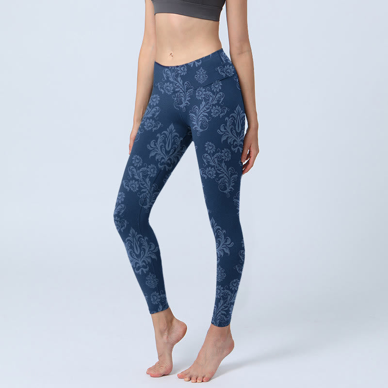 Leggings da palestra con stampa floreale e foglie blu Buddha Stones, pantaloni da yoga da donna - SteelBlue - US18, UK/AU22, EU50 (4XL) - image 0