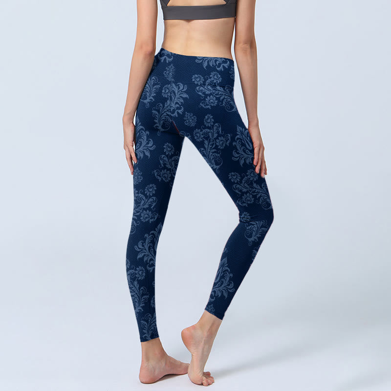 Leggings da palestra con stampa floreale e foglie blu Buddha Stones, pantaloni da yoga da donna - image 4