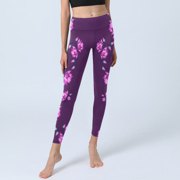 Leggings da palestra con stampa di fiori di loto viola e rosa Buddha Stones, pantaloni da yoga da donna - image 6