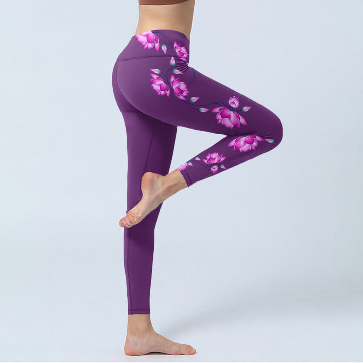Leggings da palestra con stampa di fiori di loto viola e rosa Buddha Stones, pantaloni da yoga da donna - image 3