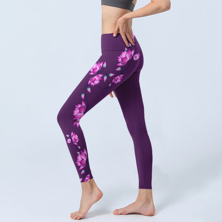 Leggings da palestra con stampa di fiori di loto viola e rosa Buddha Stones, pantaloni da yoga da donna - image 3