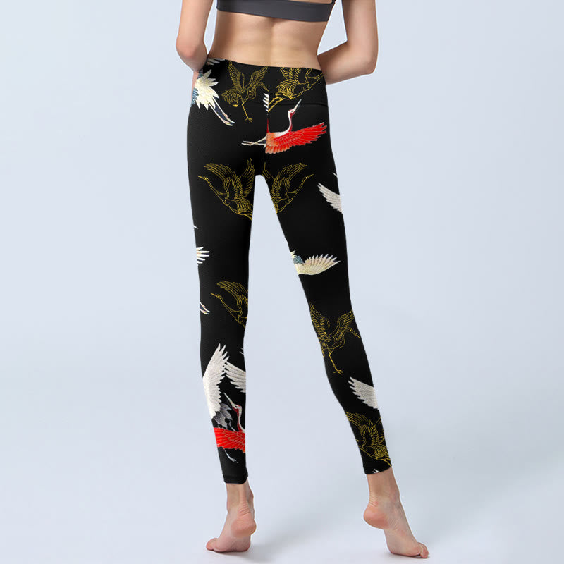 Leggings da palestra con stampa di gru , bianchi, rossi e oro, da donna, pantaloni da yoga - image 7