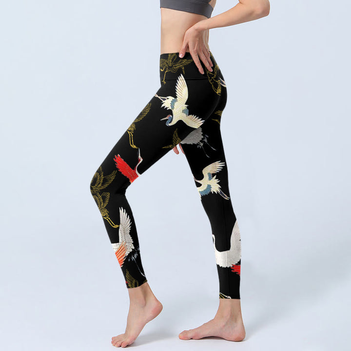 Leggings da palestra con stampa di gru , bianchi, rossi e oro, da donna, pantaloni da yoga - image 2