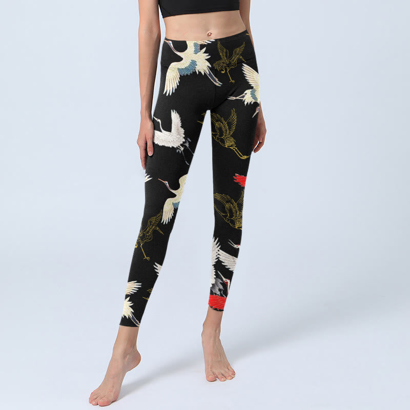 Leggings da palestra con stampa di gru , bianchi, rossi e oro, da donna, pantaloni da yoga - image 6