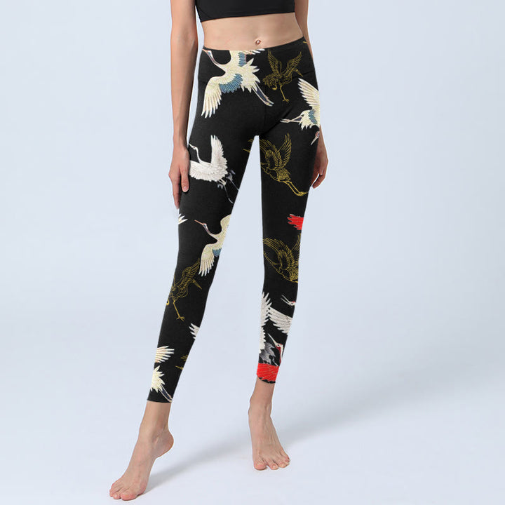 Leggings da palestra con stampa di gru , bianchi, rossi e oro, da donna, pantaloni da yoga - image 6