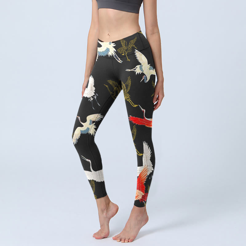 Leggings da palestra con stampa di gru , bianchi, rossi e oro, da donna, pantaloni da yoga - Nero - US18, UK/AU22, EU50 (4XL) - image 0