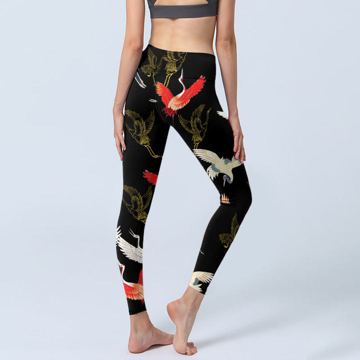 Leggings da palestra con stampa di gru , bianchi, rossi e oro, da donna, pantaloni da yoga - image 4