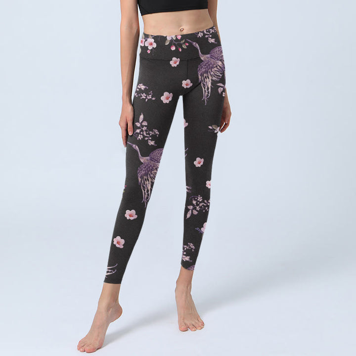 Leggings da palestra con stampa di Buddha Stones, fiori rosa e gru volanti, pantaloni da yoga da donna - image 6