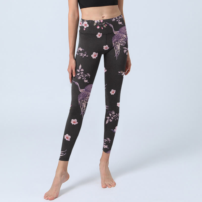 Leggings da palestra con stampa di Buddha Stones, fiori rosa e gru volanti, pantaloni da yoga da donna - image 5