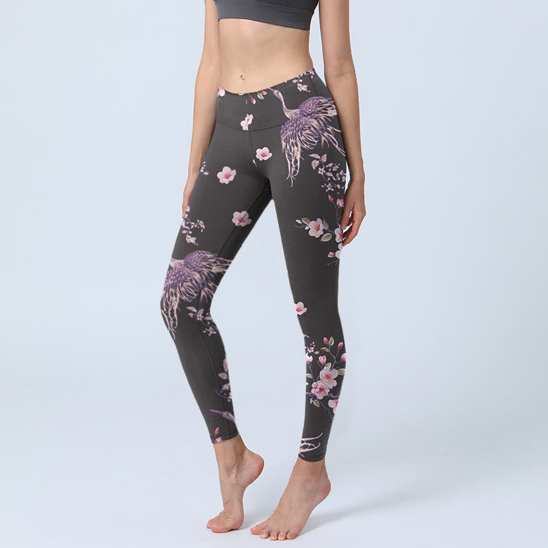 Leggings da palestra con stampa di Buddha Stones, fiori rosa e gru volanti, pantaloni da yoga da donna - Nero - US18, UK/AU22, EU50 (4XL) - image 1