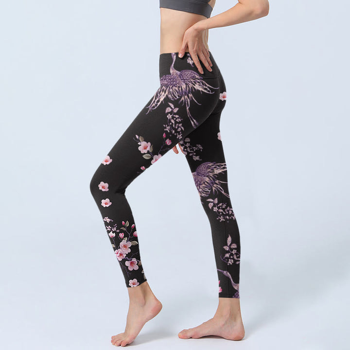 Leggings da palestra con stampa di Buddha Stones, fiori rosa e gru volanti, pantaloni da yoga da donna - image 2