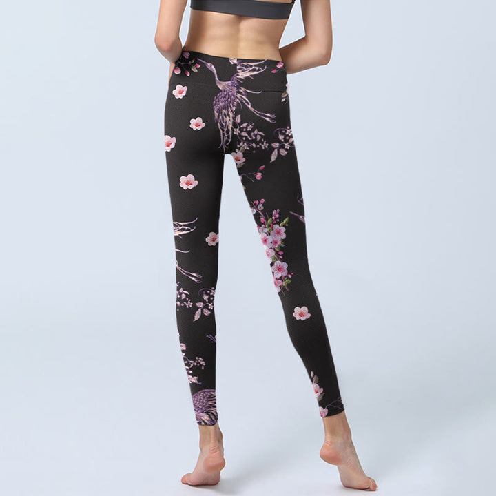 Leggings da palestra con stampa di Buddha Stones, fiori rosa e gru volanti, pantaloni da yoga da donna - image 7